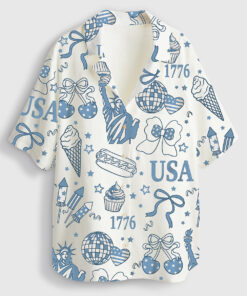 Women's Retro America Coquette Preppy 4th Of July Girly Memorial Day Vintage USA Short Sleeve Linen Blend Hawaiian Shirt
