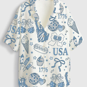 Womenâ€™s Retro America Coquette Preppy 4th Of July Girly Memorial Day Vintage USA Short Sleeve Linen Blend Hawaiian Shirt