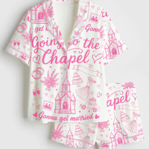 Womenâ€™s Retro Bachelorette Going To The Chapel Gonna Get Married Coquette Wedding Party Print Short Sleeve Satin Pajama Set