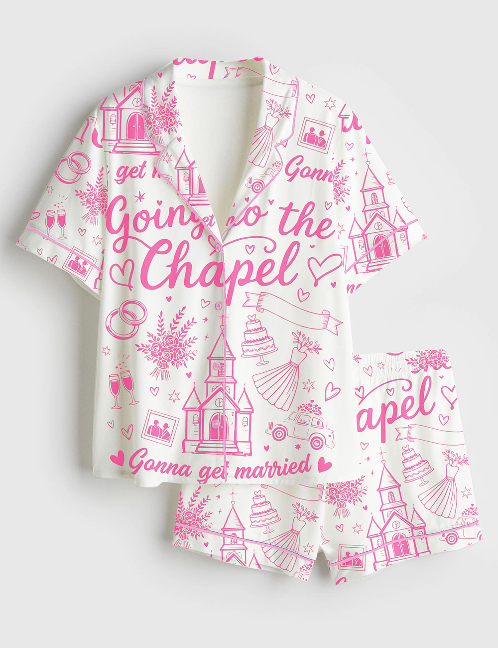 Women’s Retro Bachelorette Going To The Chapel Gonna Get Married Coquette Wedding Party Print Short Sleeve Satin Pajama Set