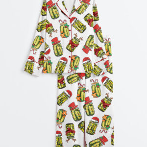 Women's Retro Canned Pickles Christmas Light Long Sleeve Satin Pajama Set