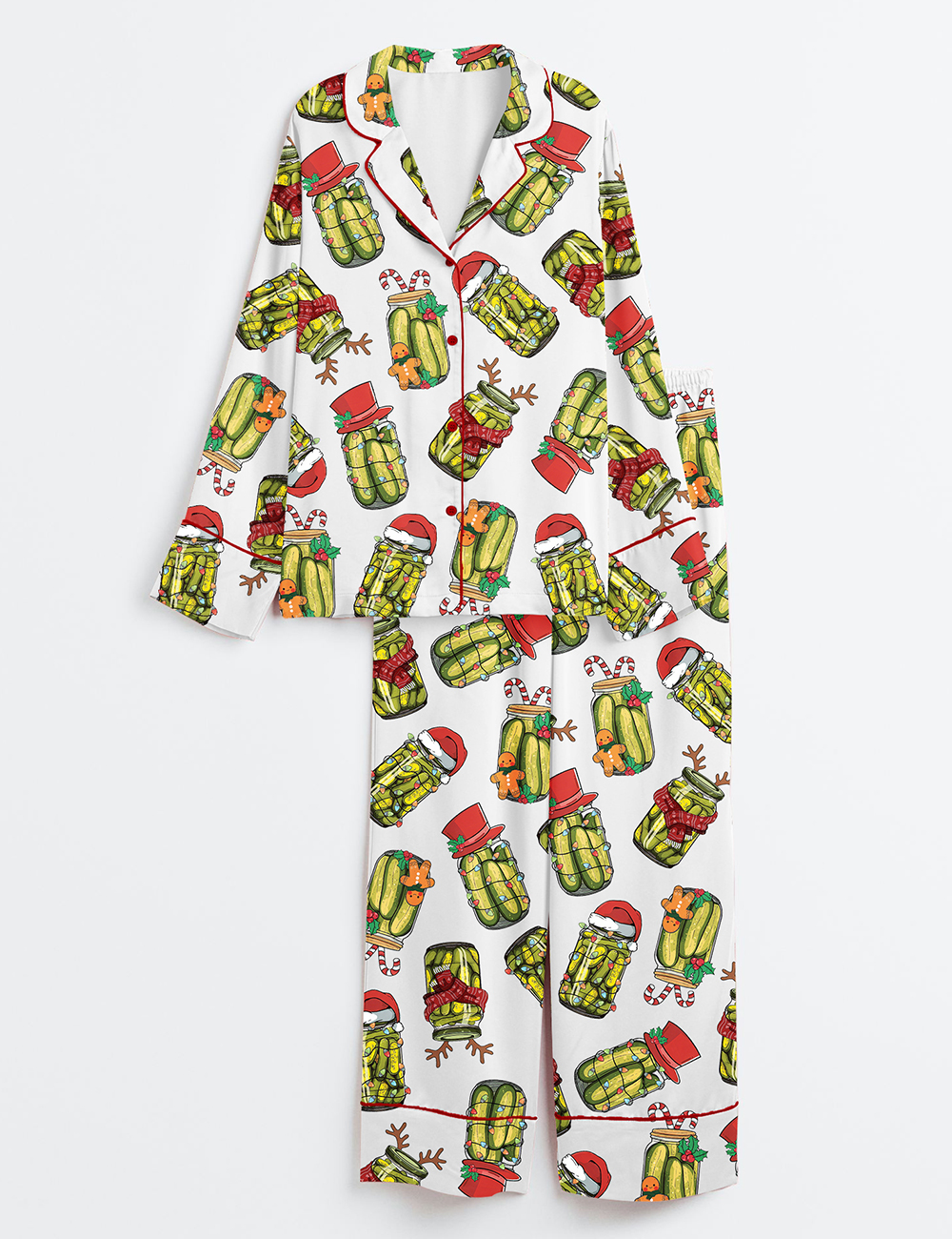 Womenâ€™s Retro Canned Pickles Christmas Light Long Sleeve Satin Pajama Set