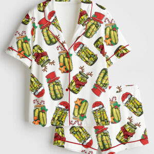 Women's Retro Canned Pickles Christmas Light Short Sleeve Satin Pajama Set