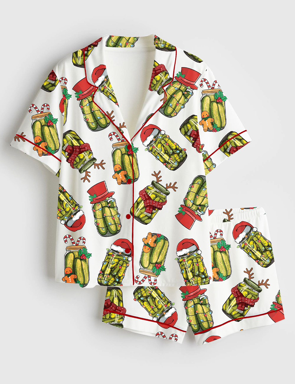 Womenâ€™s Retro Canned Pickles Christmas Light Short Sleeve Satin Pajama Set