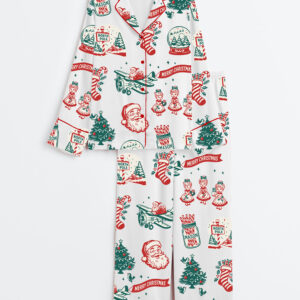 Women's Retro Christmas Holiday Mid Century Santa Flying Airplane Long Sleeve Satin Pajama Set