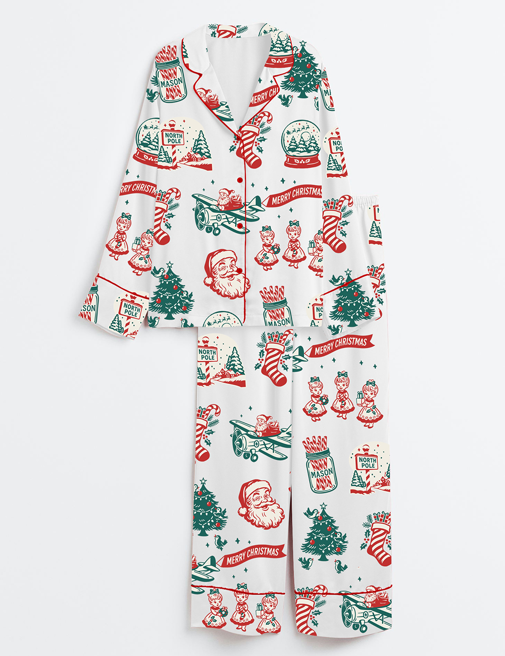 Women's Retro Christmas Holiday Mid Century Santa Flying Airplane Long Sleeve Satin Pajamas Set