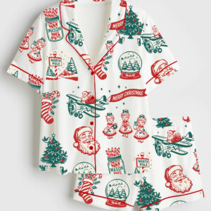 Womenâ€™s Retro Christmas Holiday Mid Century Santa Flying Airplane Short Sleeve Satin Pajama Set