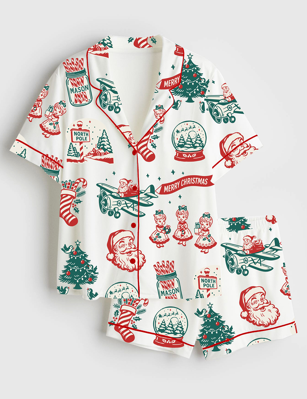 Womenâ€™s Retro Christmas Holiday Mid Century Santa Flying Airplane Short Sleeve Satin Pajama Set