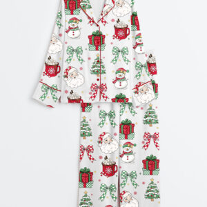 Women's Retro Christmas Holidays Hot Cocoa Candy Cane Santa Coquette Bow Checkered Long Sleeve Satin Pajama Set