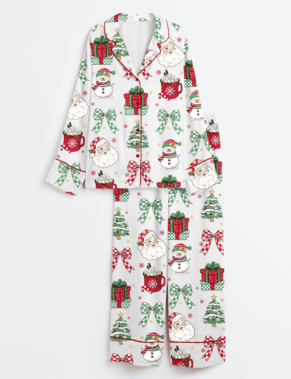 Womenâ€™s Retro Christmas Holidays Hot Cocoa Candy Cane Santa Coquette Bow Checkered Long Sleeve Satin Pajama Set
