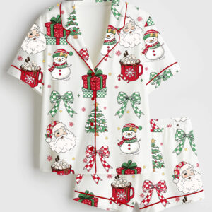 Womenâ€™s Retro Christmas Holidays Hot Cocoa Candy Cane Santa Coquette Bow Checkered Short Sleeve Satin Pajama Set