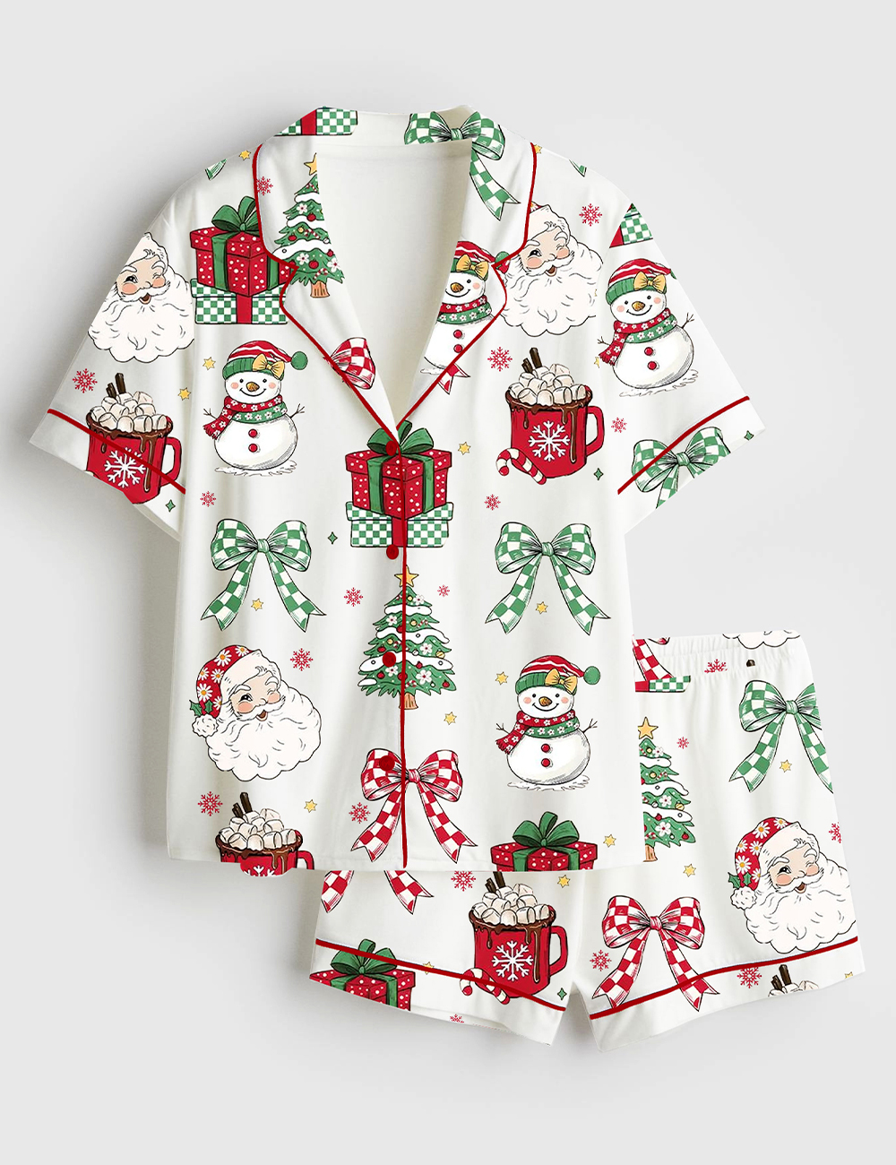 Womenâ€™s Retro Christmas Holidays Hot Cocoa Candy Cane Santa Coquette Bow Checkered Short Sleeve Satin Pajama Set