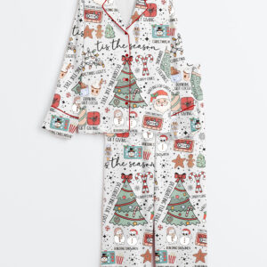 Women's Retro Christmas Tis The Season Christmas Cute Santa Holiday Hot Cocoa Print Long Sleeve Satin Pajama Set