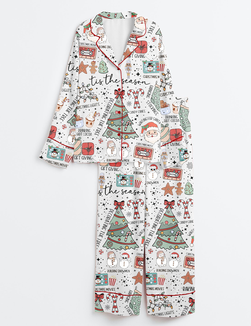 Womenâ€™s Retro Christmas Tis The Season Christmas Cute Santa Holiday Hot Cocoa Print Long Sleeve Satin Pajama Set