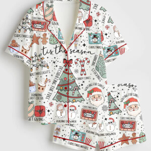 Women's Retro Christmas Tis The Season Christmas Cute Santa Holiday Hot Cocoa Print Short Sleeve Satin Pajama Set