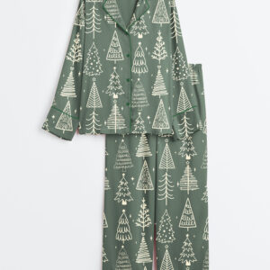 Women's Retro Christmas Tree Girly Green Christmas Long Sleeve Satin Pajama Set