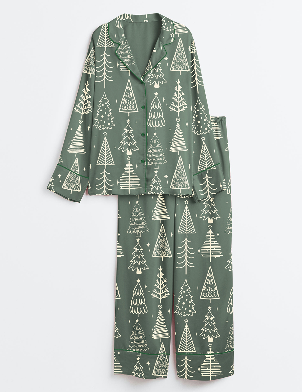 Women's Retro Christmas Tree Girly Green Christmas Long Sleeve Satin Pajamas Set
