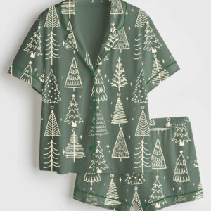 Women's Retro Christmas Tree Girly Green Christmas Short Sleeve Satin Pajama Set