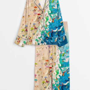 Womenâ€™s Retro Coastal Beach Pastel Pink Ocean Summer Print Long Sleeve Satin Pajama Set