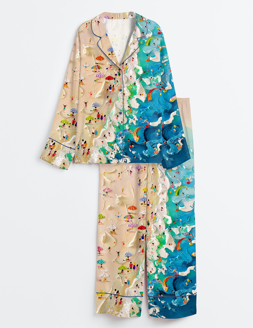 Women's Retro Coastal Beach Pastel Pink Ocean Summer Print Long Sleeve Satin Pajamas Set