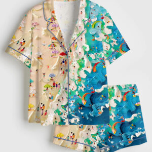 Women's Retro Coastal Beach Pastel Pink Ocean Summer Print Short Sleeve Satin Pajama Set