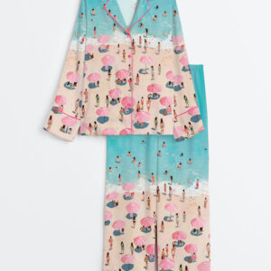 Womenâ€™s Retro Coastal Summer Beach Pastel Girly Pink Ocean Long Sleeve Satin Pajama Set