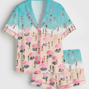 Womenâ€™s Retro Coastal Summer Beach Pastel Girly Pink Ocean Short Sleeve Satin Pajama Set