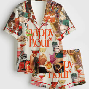 Women's Retro Cocktail Happy Hour Bar Short Sleeve Satin Pajamas Set