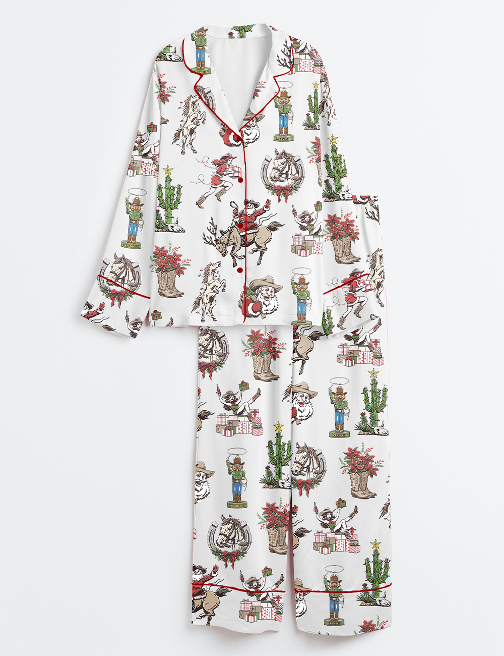 Womenâ€™s Retro Cowgirl Christmas Western Santa Rodeo Wrangler Holiday Cactus Season Long Sleeve Satin Pajama Set