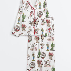 Women's Retro Cowgirl Christmas Western Santa Rodeo Wrangler Holiday Cactus Season Long Sleeve Satin Pajama Set