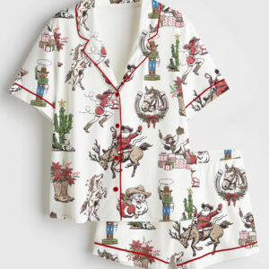 Womenâ€™s Retro Cowgirl Christmas Western Santa Rodeo Wrangler Holiday Cactus Season Short Sleeve Satin Pajama Set