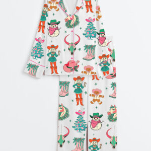 Womenâ€™s Retro Cowgirl Vintage Western Roping Christmas Long Sleeve Satin Pajama Set