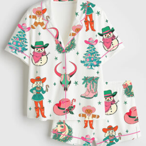 Womenâ€™s Retro Cowgirl Vintage Western Roping Christmas Short Sleeve Satin Pajama Set