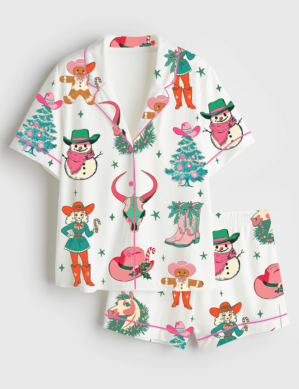 Women's Retro Cowgirl Vintage Western Roping Christmas Short Sleeve Satin Pajama Set