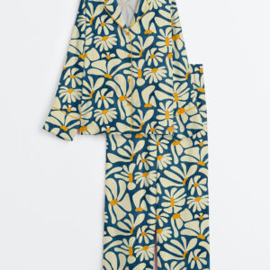 Womenâ€™s Retro Daisy Flower Power Blue Floral Vintage Groovy Print Long Sleeve Satin Pajama Set