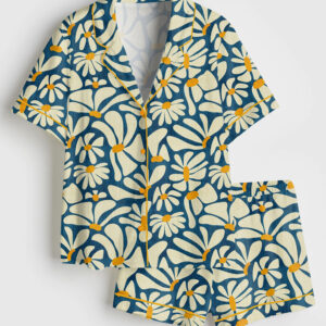 Women's Retro Daisy Flower Power Blue Floral Vintage Groovy Print Short Sleeve Satin Pajama Set