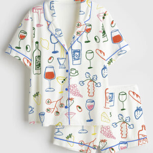 Women's Retro Dinner Table Food and Drinks Short Sleeve Satin Pajama Set