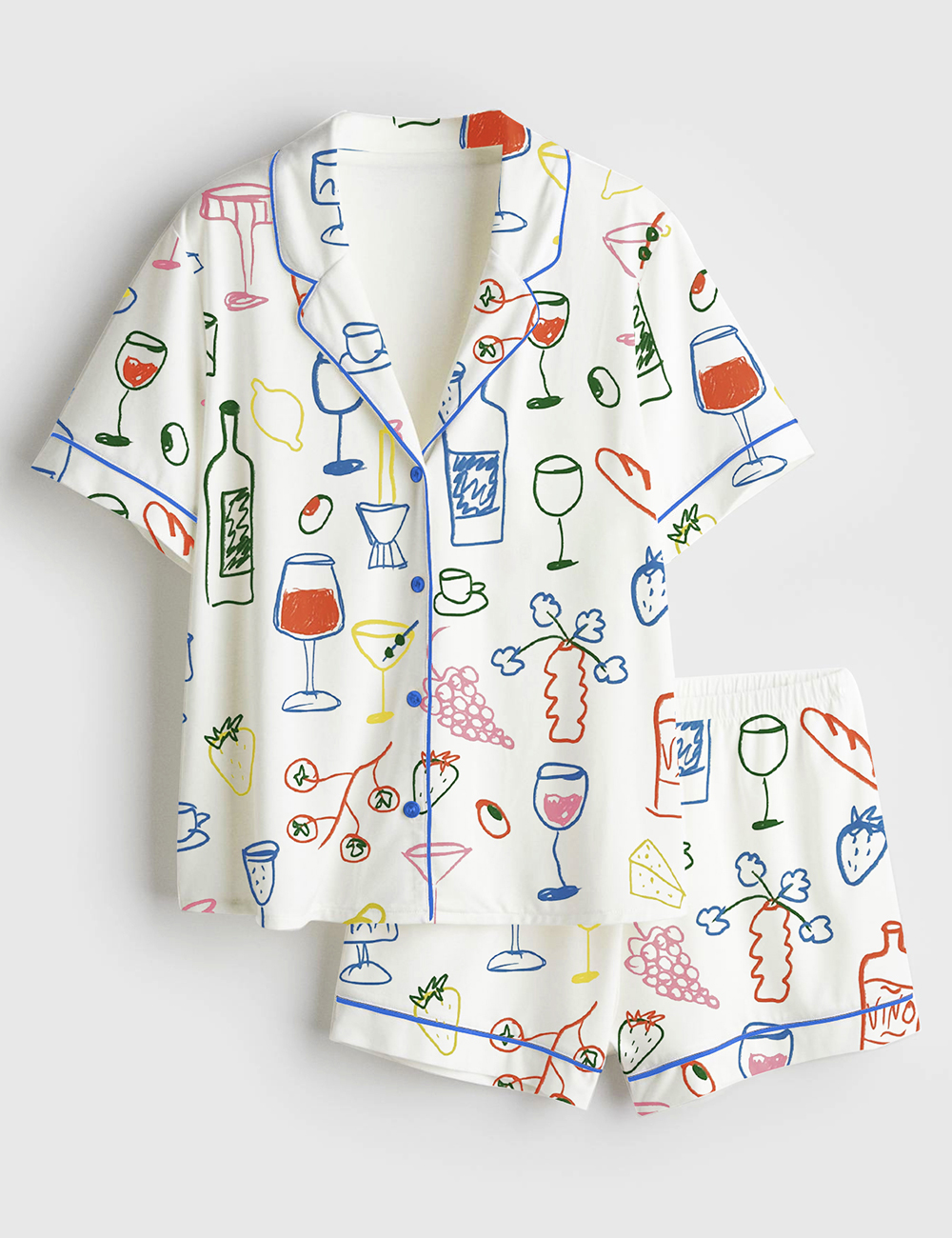 Women's Retro Dinner Table Food and Drinks Short Sleeve Satin Pajama Set