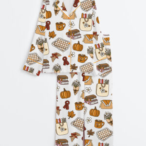 Women's Retro Fall And Halloween Pumpkin Cozy Fall Picnic Reading Books And Coffee Print Long Sleeve Satin Pajamas Set