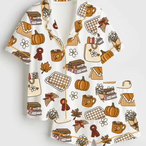 Womenâ€™s Retro Fall And Halloween Pumpkin Cozy Fall Picnic Reading Books And Coffee Print Short Sleeve Satin Pajama Set