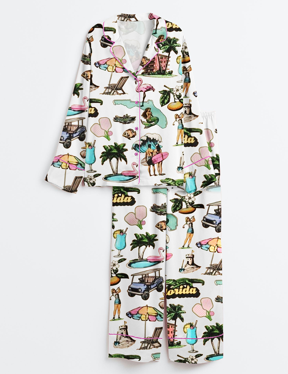 Womenâ€™s Retro Florida Palm Trees Mermaid Golf Pickleball Long Sleeve Satin Pajama Set