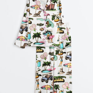 Women's Retro Florida Palm Trees Mermaid Golf Pickleball Long Sleeve Satin Pajama Set
