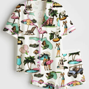 Womenâ€™s Retro Florida Palm Trees Mermaid Golf Pickleball Short Sleeve Satin Pajama Set
