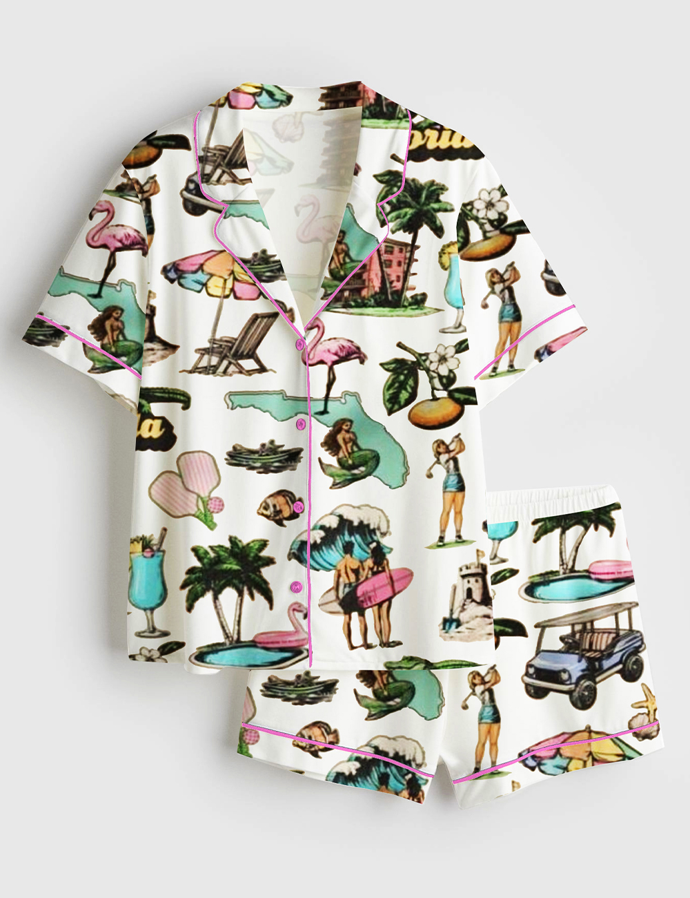 Womenâ€™s Retro Florida Palm Trees Mermaid Golf Pickleball Short Sleeve Satin Pajama Set