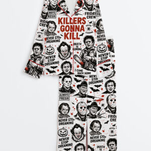 Womenâ€™s Retro Halloween Horror Movie Long Sleeve Satin Pajama Set