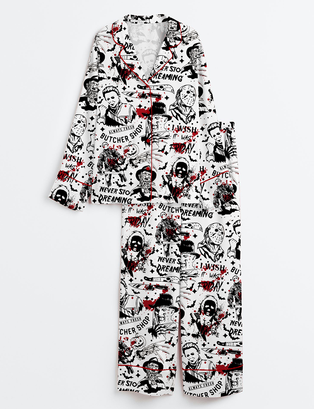 Womenâ€™s Retro Halloween Horror Movie Long Sleeve Satin Pajama Set