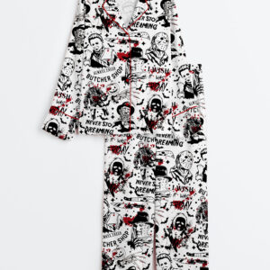 Women's Retro Halloween Horror Movie Long Sleeve Satin Pajamas Set