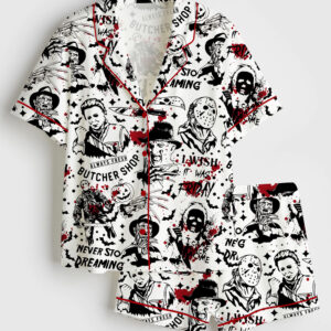 Women's Retro Halloween Horror Movie Short Sleeve Satin Pajama Set