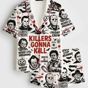 Women's Retro Halloween Horror Movie Short Sleeve Satin Pajama Set