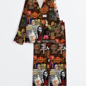 Womenâ€™s Retro Horror Movie Halloween Enjoyer Thriller Retro Ghost Pumpkin Print Long Sleeve Satin Pajama Set